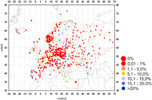 Rozmieszczenie stacji meteorologicznych w Europie wraz z procentem dni z brakującymi danymi