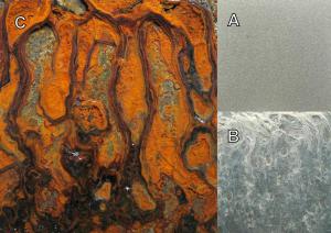 Zdjęcia powierzchni powłoki Zn-Mn wykonane (a) przed ekspozycją i (b) po ekspozycji w mgle solnej oraz (c) podłoża stalowego
poddanego działaniu mgły solnej