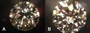 Zdjęcie A – diament syntetyczny, wytworzony metodą HPHT. Zdjęcie B – diament naturalny